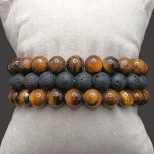 Gemstone Bracelet Tigers Eye Set of 3 Black Lava 8mm Beaded Handmade Stretch NEW
